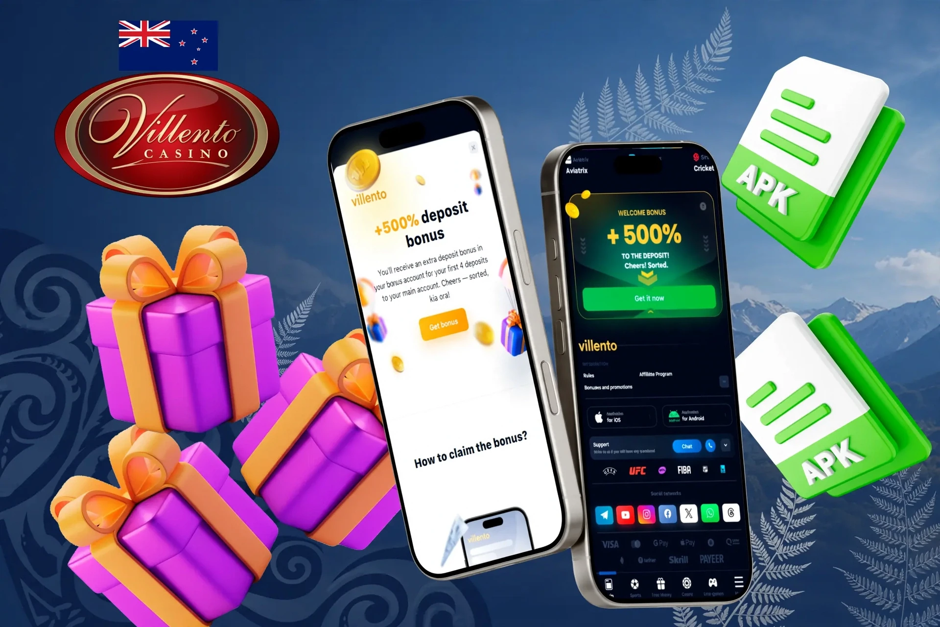 Villento Casino mobile app promotion with welcome bonus up to NZ$1,000 and gift box illustration