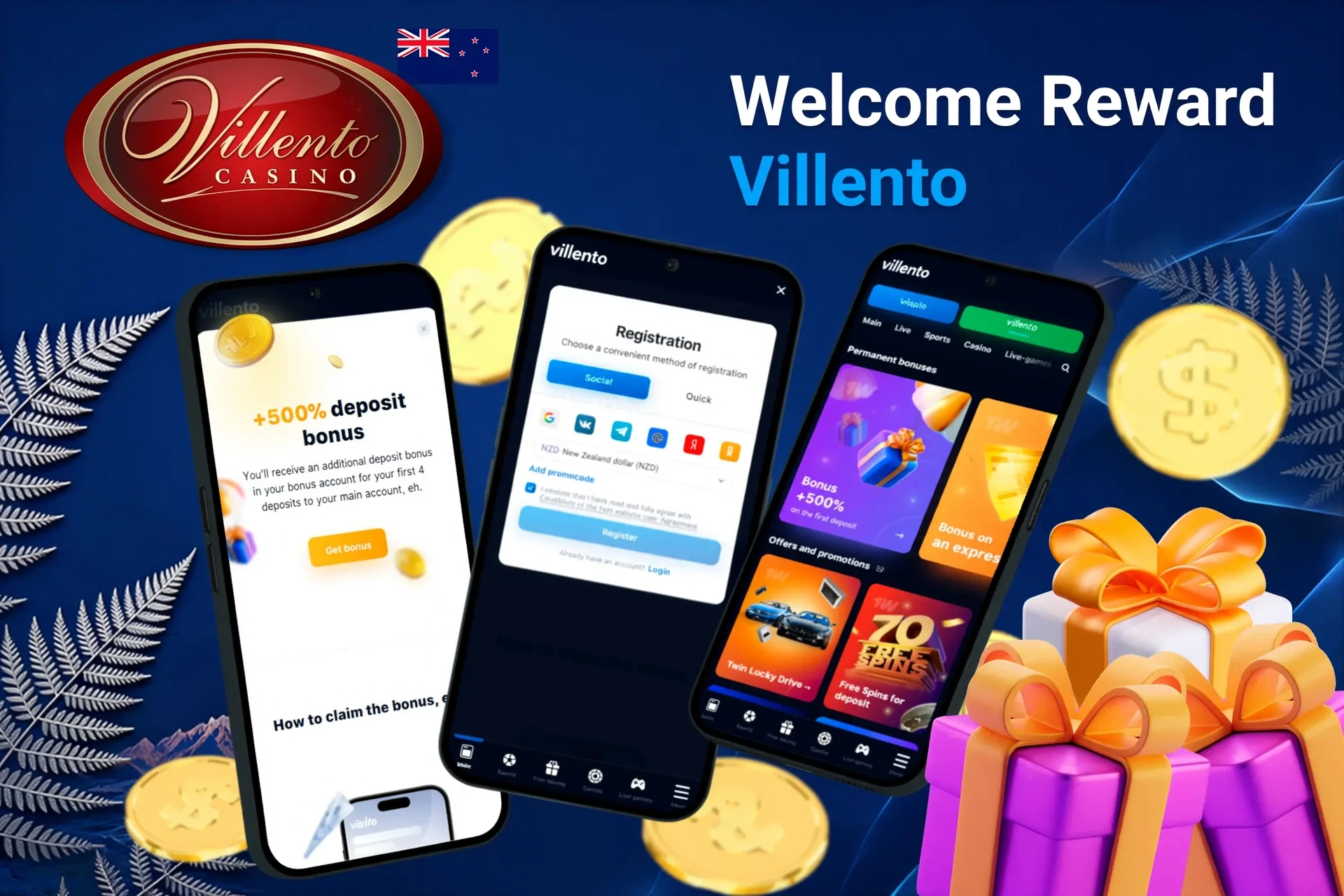 Mobile screens displaying Villento Casino registration and welcome bonus details with gift boxes