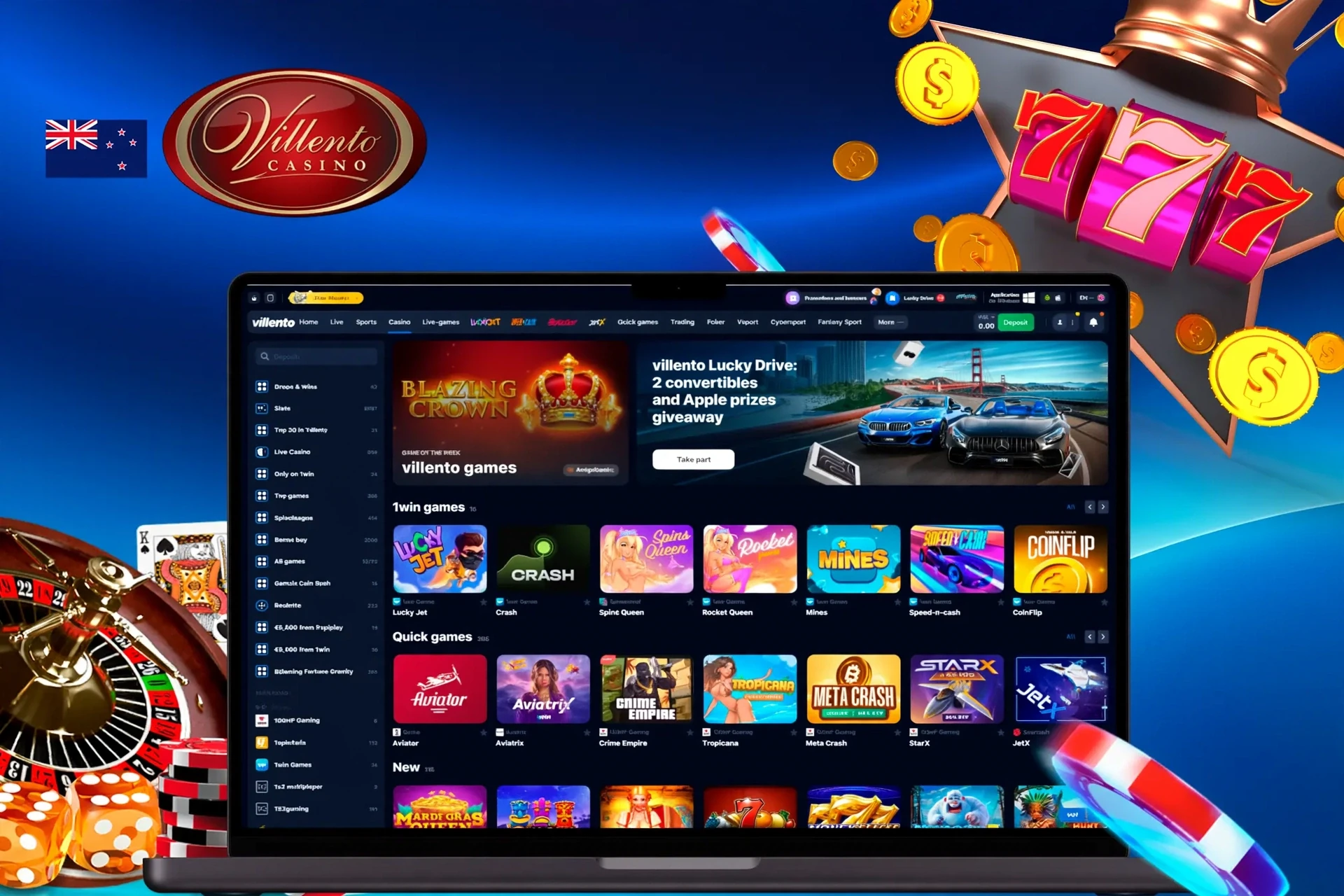 Casino homepage with various slot and crash games, including Lucky Jet and Blazing Crown