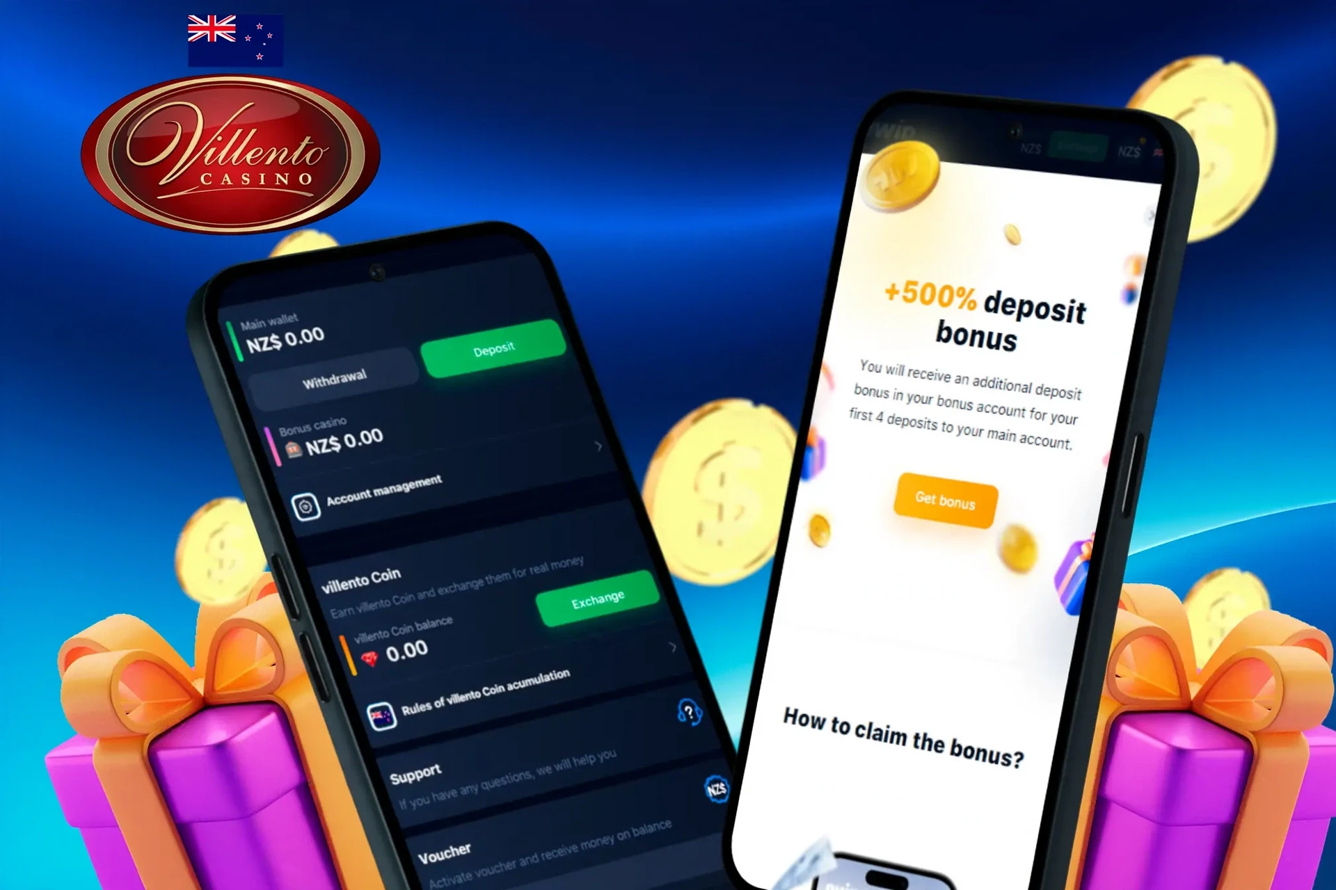 deposit and withdrawal screen showing wallet balance, account management options, and a 500% deposit bonus offer