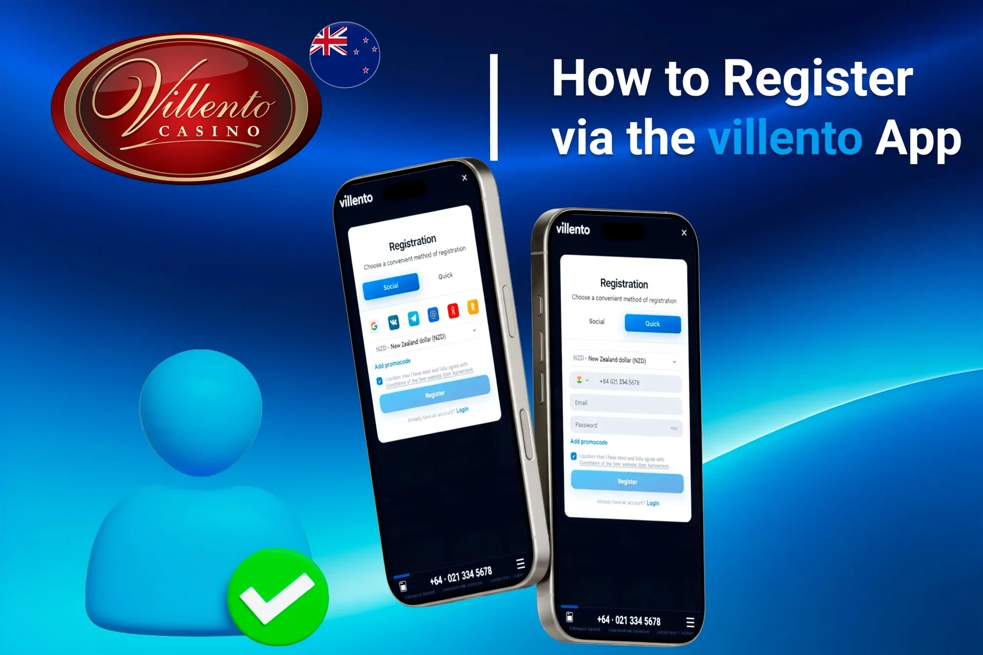 Registration process on the Villento Casino mobile app with social login options