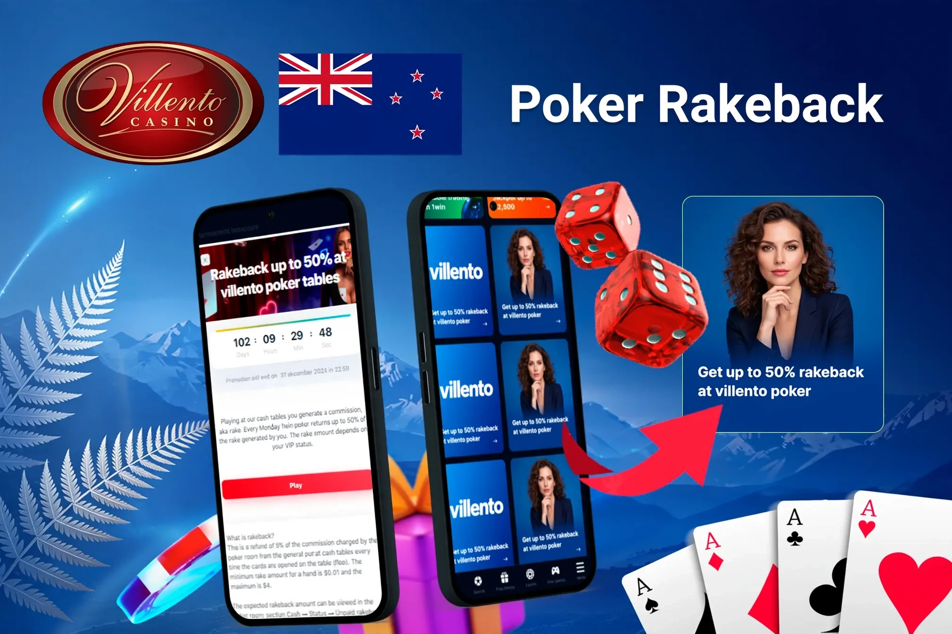 Mobile app with Villento Casino poker rakeback offer up to 50%, red dice, and playing cards