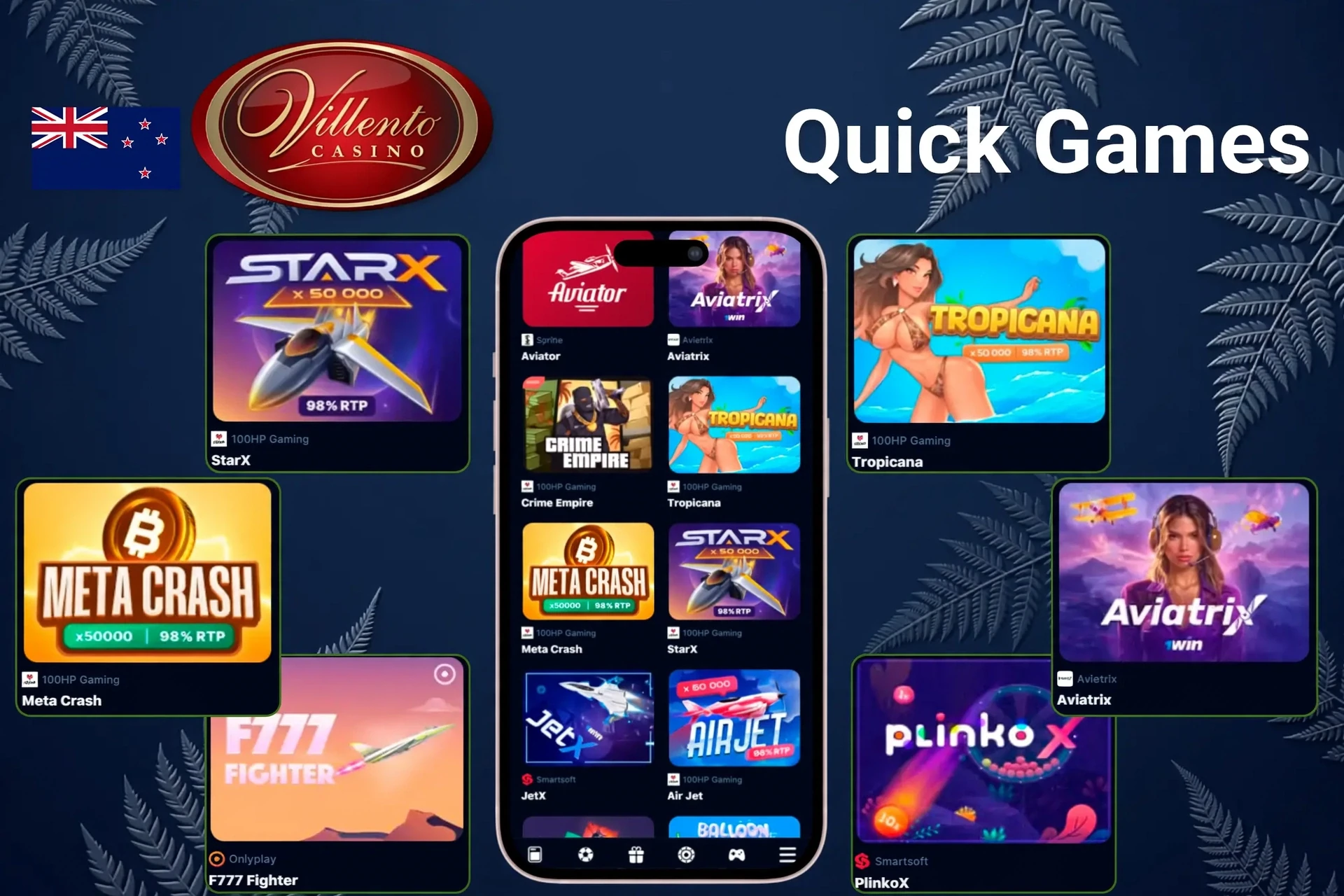 Quick games section highlighting titles such as StarX, Tropicana, Meta Crash, and PlinkoX on a mobile interface