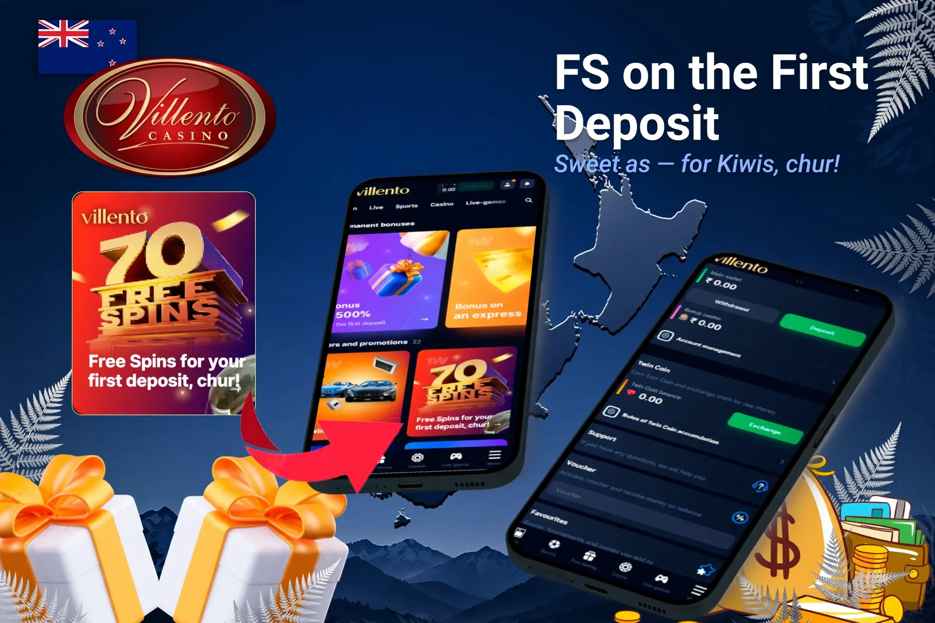 Mobile app showing casino game offers like loyalty program and free spins with poker chips and cards