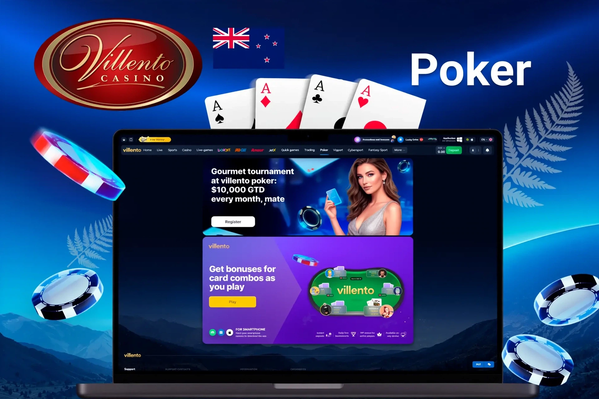 Villento Casino poker promotion advertising a gourmet tournament with $10,000 guaranteed prize and combo bonuses