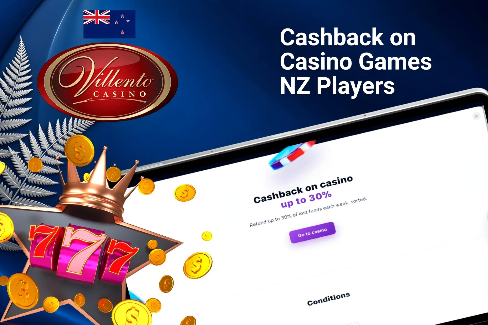 Mobile app with Villento Casino poker rakeback offer up to 50%, red dice, and playing cards