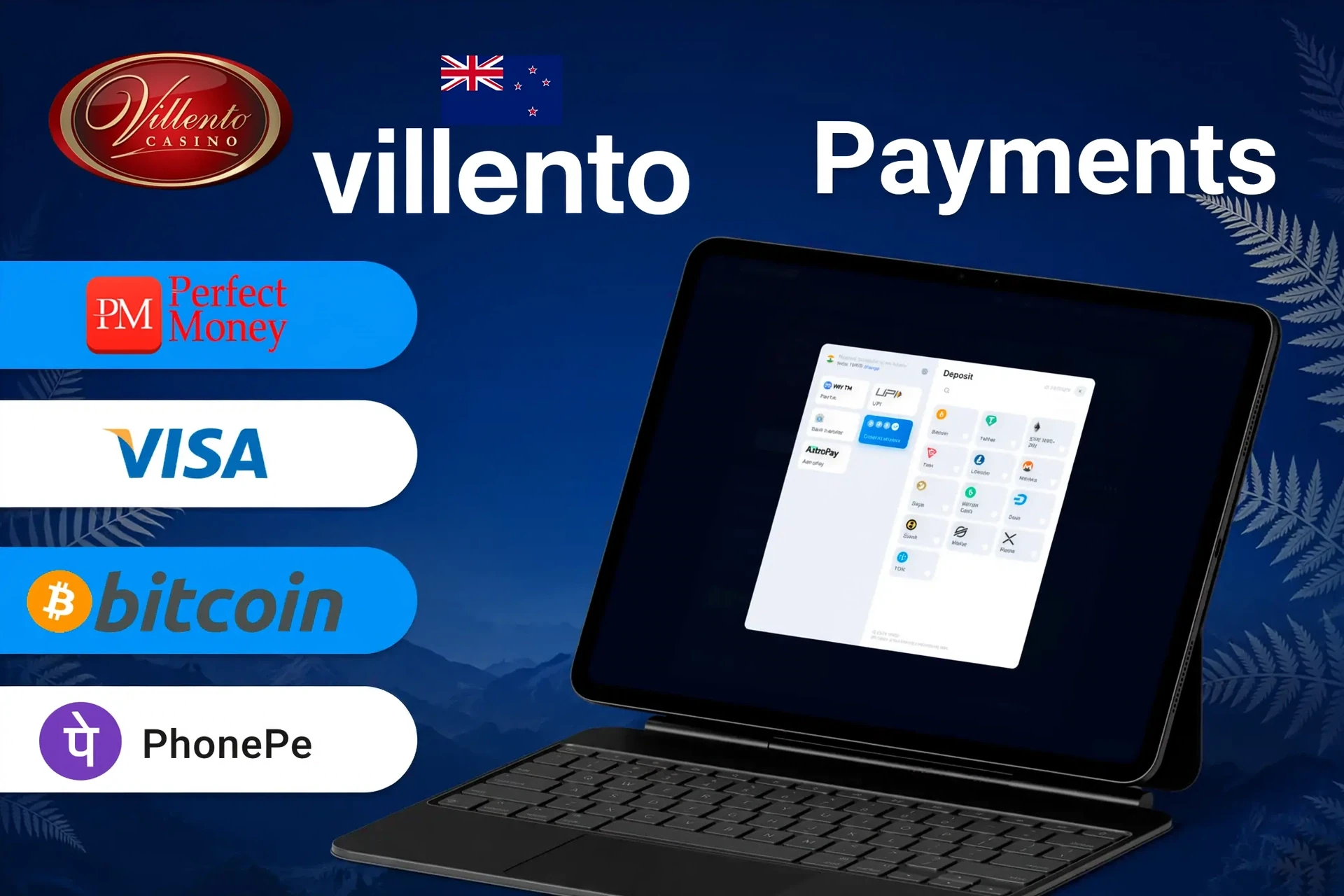Villento Casino payment methods including Perfect Money, Visa, Bitcoin, and POLi for quick and secure transactions