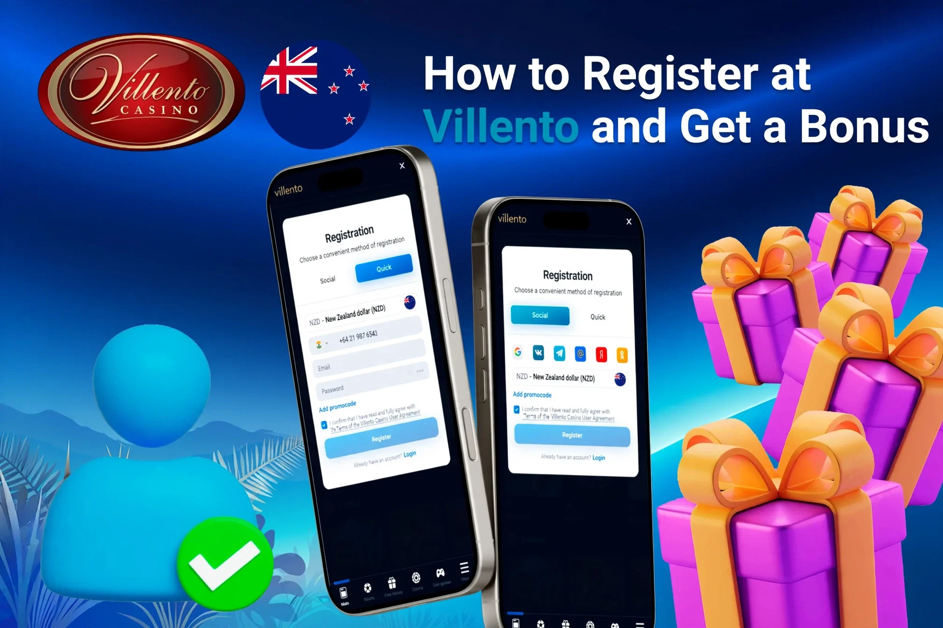 Mobile registration page for Villento Casino showing bonus offers with purple and gold gift boxes