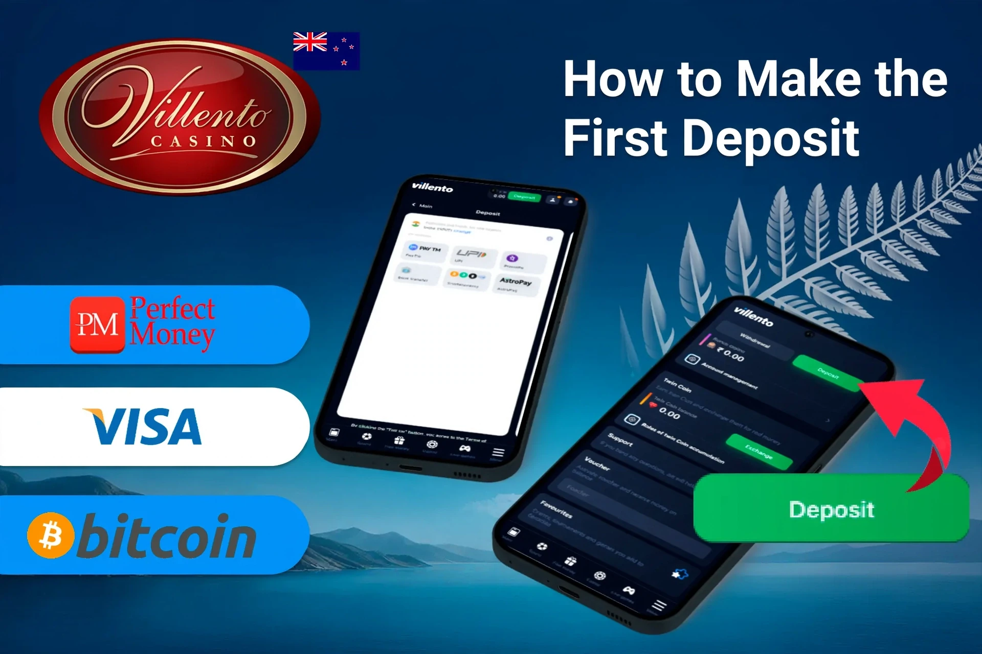 mobile app with deposit options including Perfect Money, Visa, and Bitcoin, along with deposit button