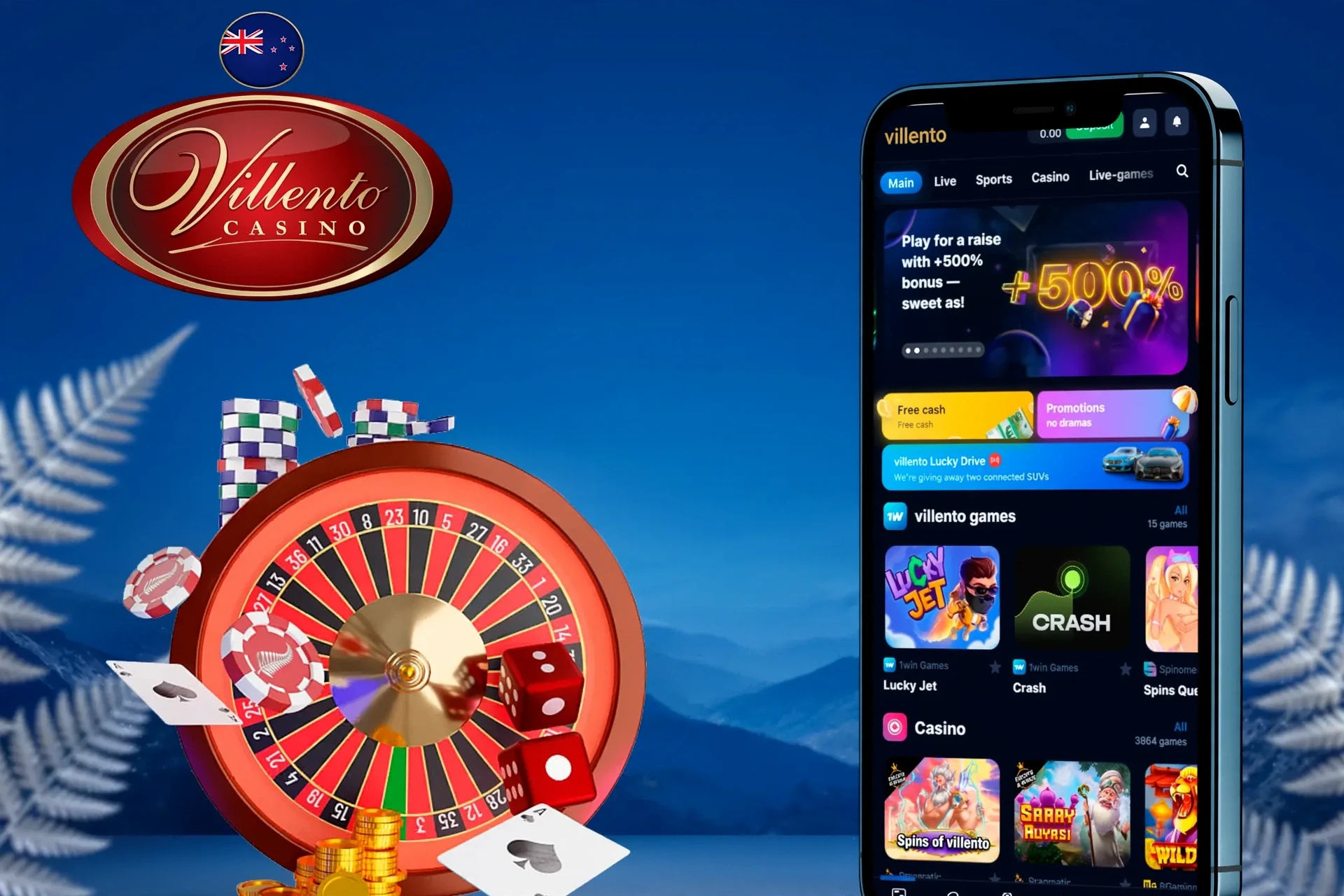 Mobile version of the Villento Casino app displayed on smartphones, offering quick access to various betting and gaming features