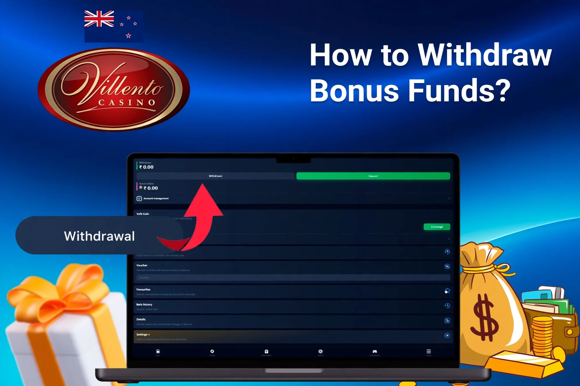 Laptop screen showing Villento Casino withdrawal options with money bags and gift boxes in the background