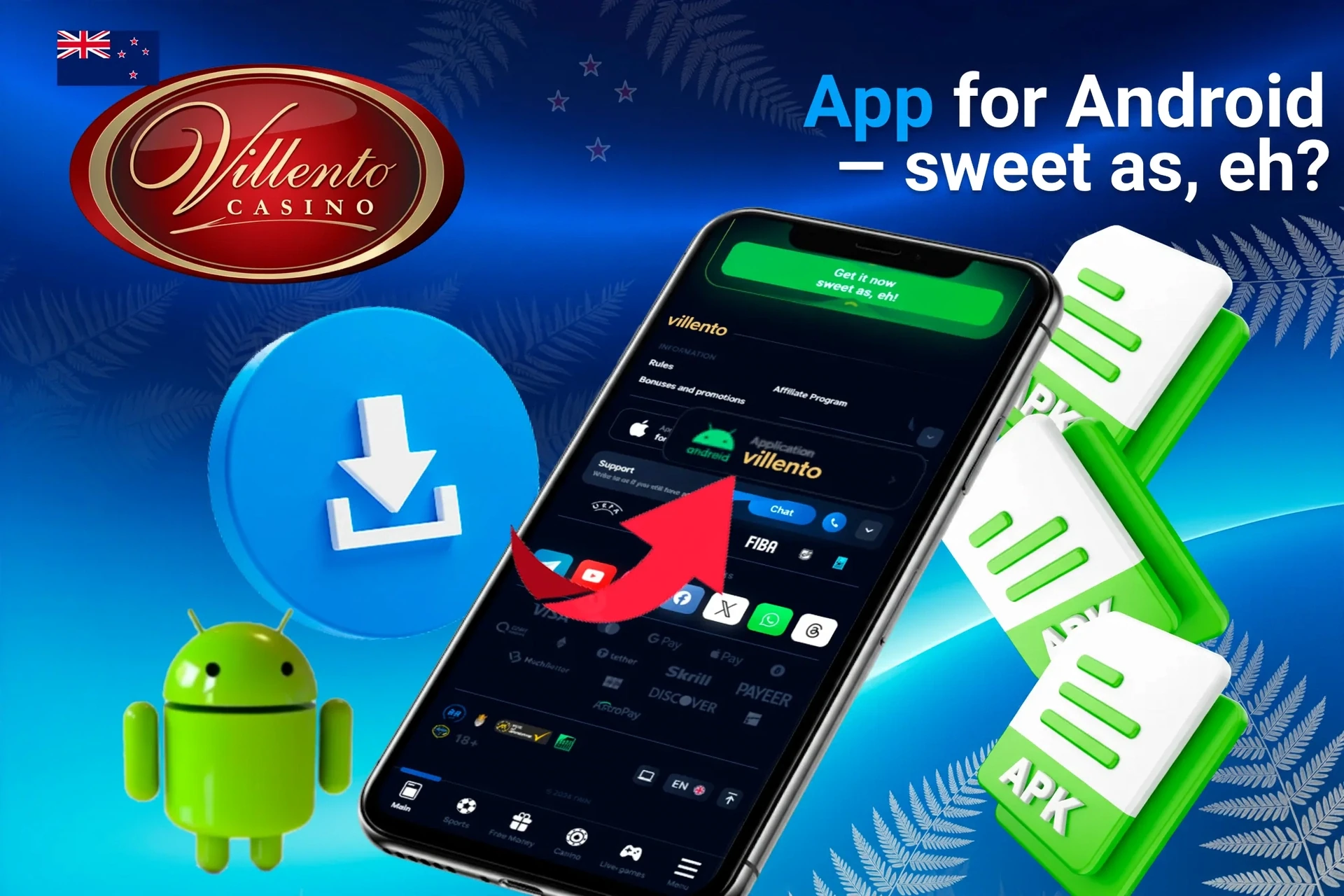 Android access and shortcut setup for Villento Casino with Android mascot and APK icons