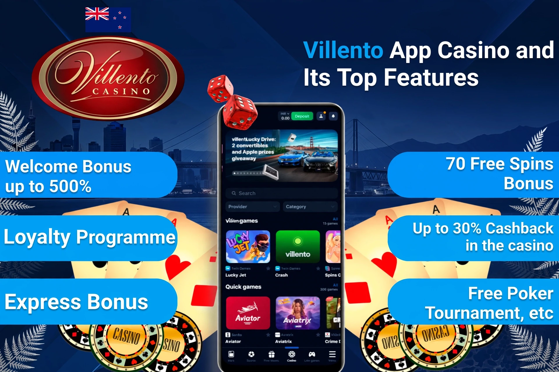 Villento Casino app top features including welcome bonus, loyalty program, and express bonus on mobile interface