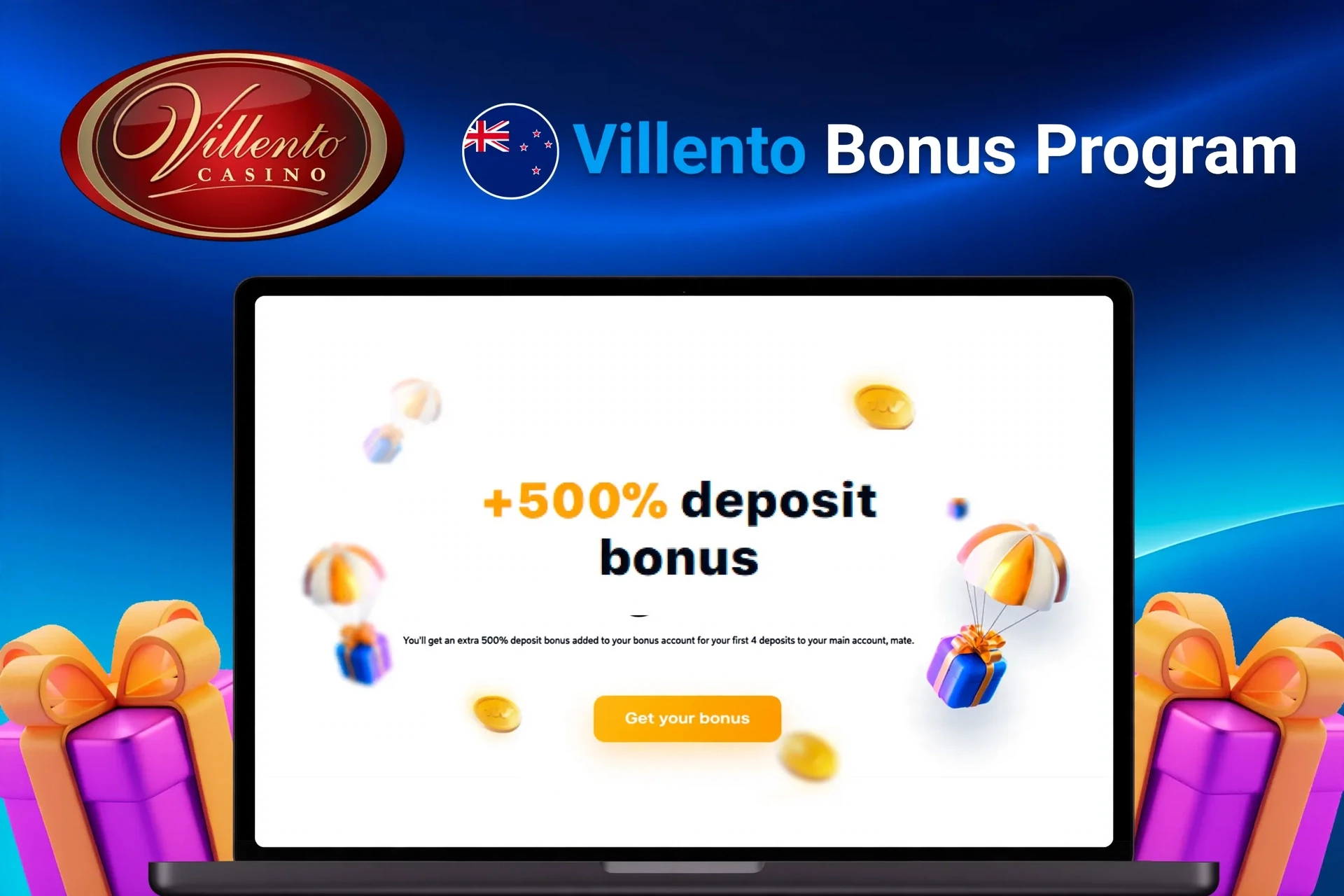 Laptop showing Villento bonus offer with floating coins and gifts