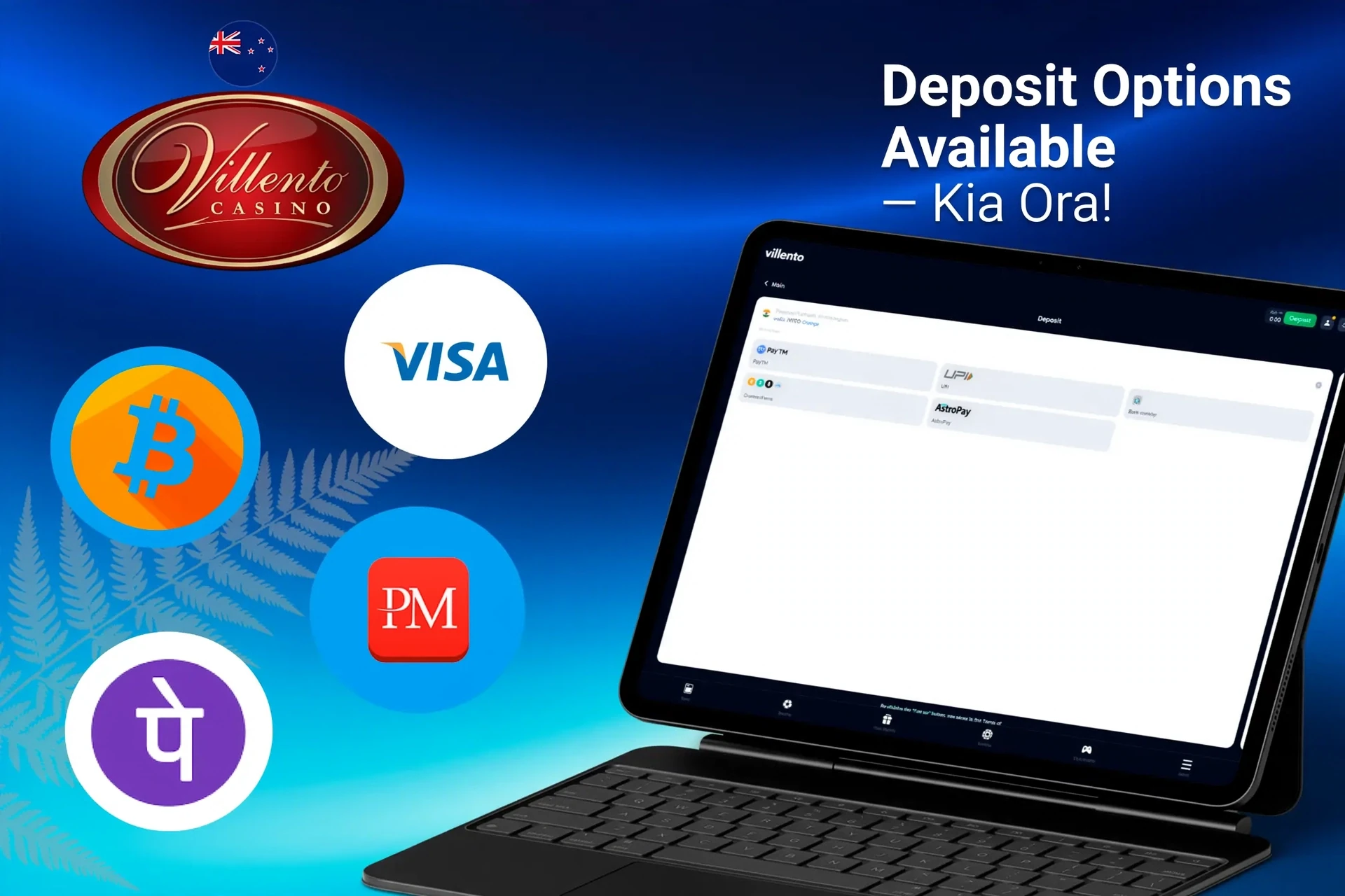 Deposit options available on Villento Casino platform, including Bitcoin, Visa, Neteller, and Paysafecard, displayed on a tablet
