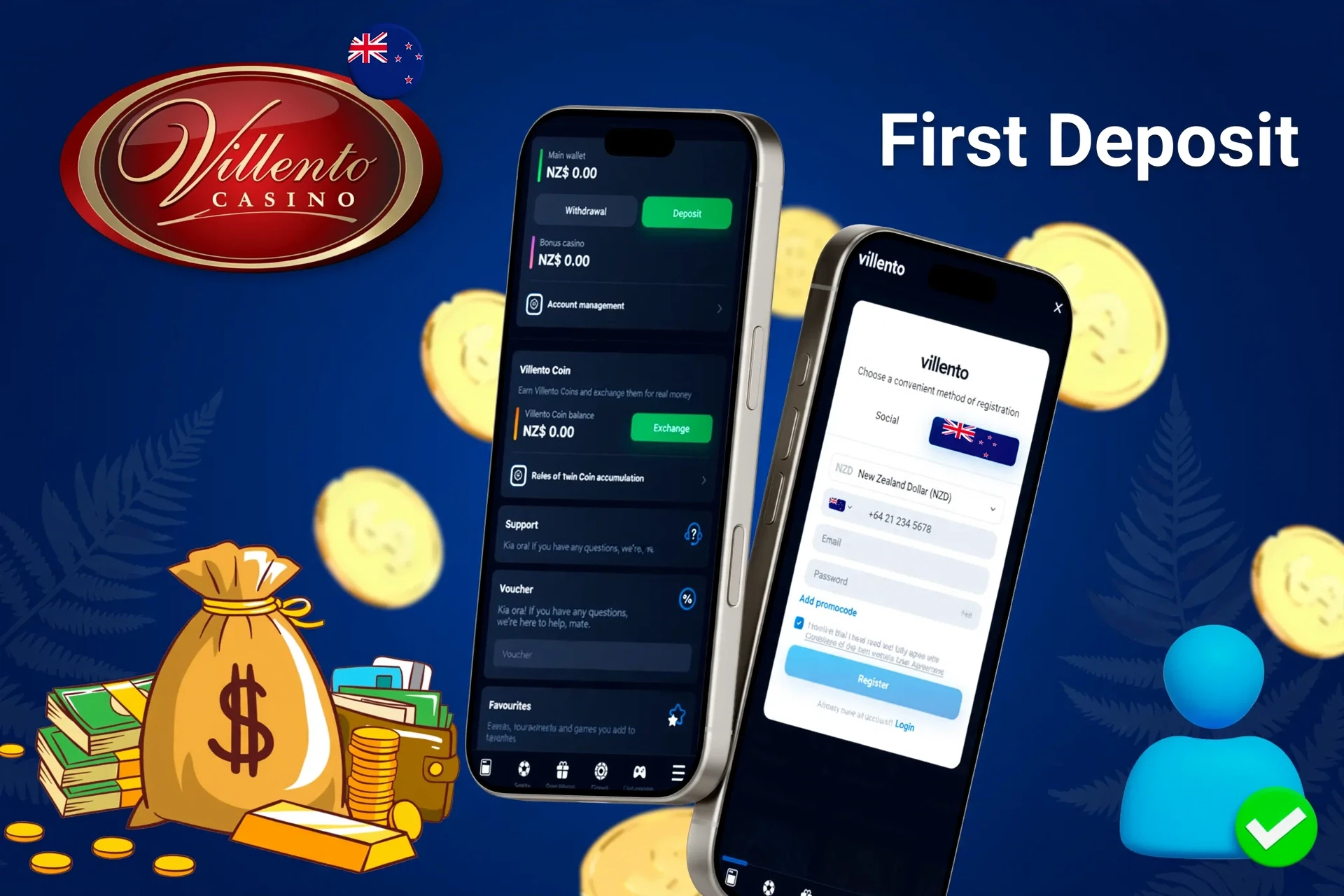 mobile interface showing steps to make the first deposit, with icons for payment options and bonus registration