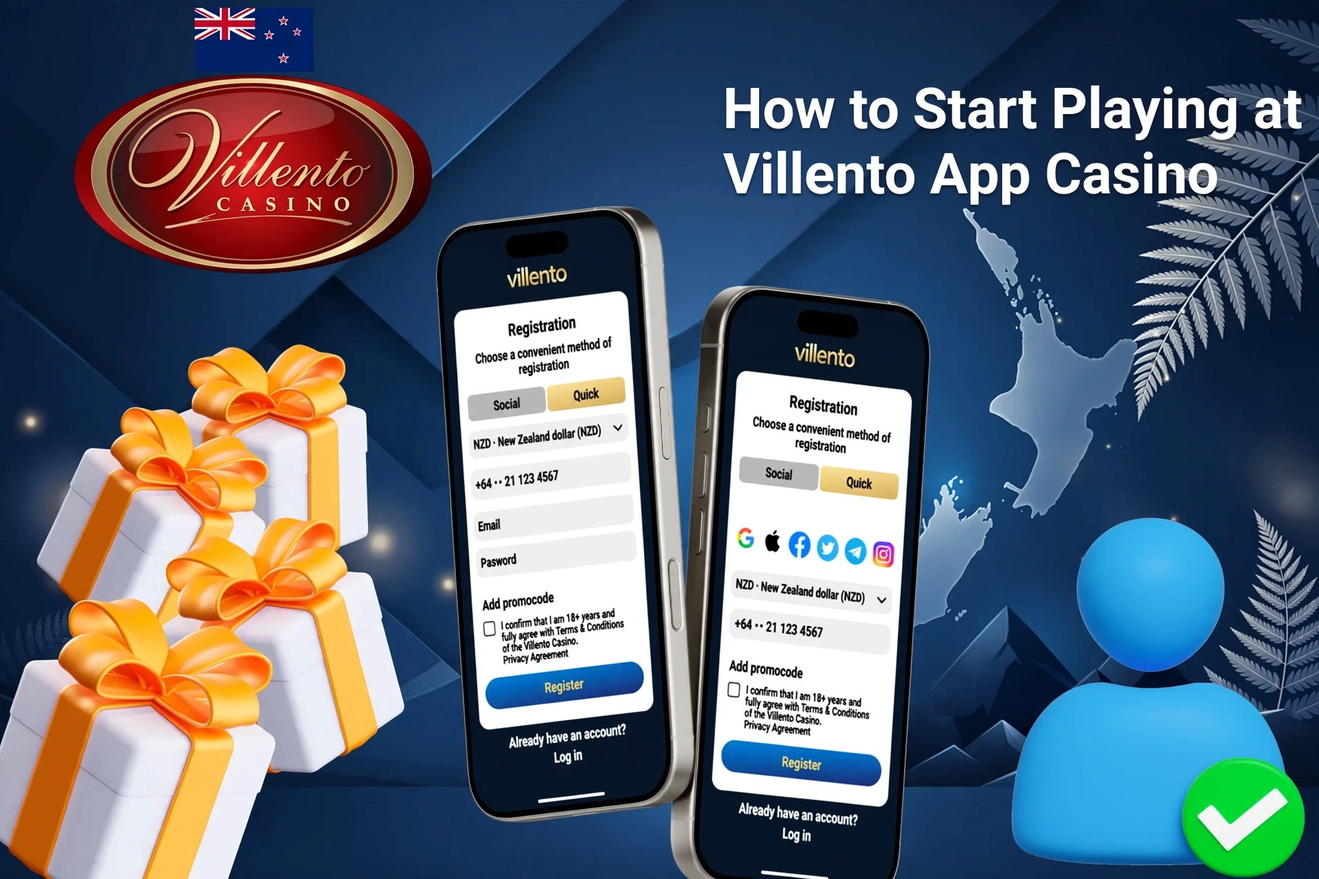 Villento Casino app registration screen on mobile with easy-to-follow steps and gift box icons