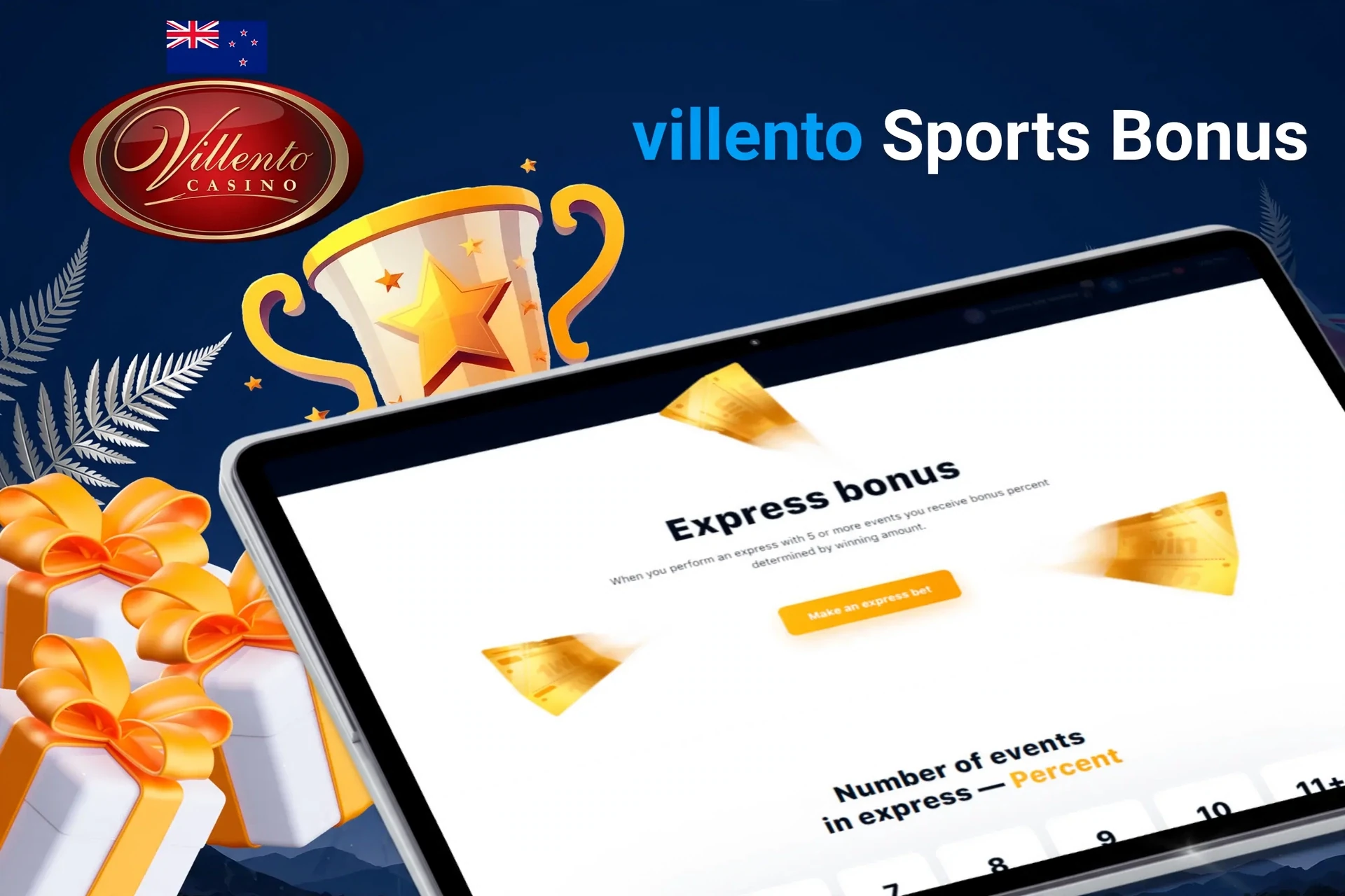 Tablet screen presenting express bonus offer for sports betting from Villento, with a trophy and gift boxes.