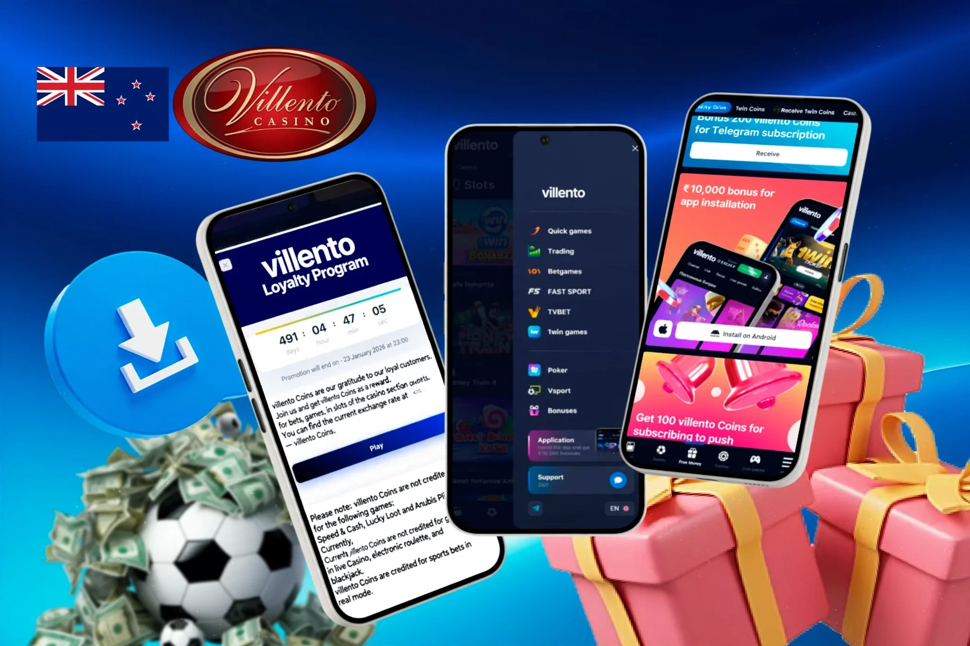 Mobile screens showing Villento loyalty program, mobile access bonus, and football icon with download button