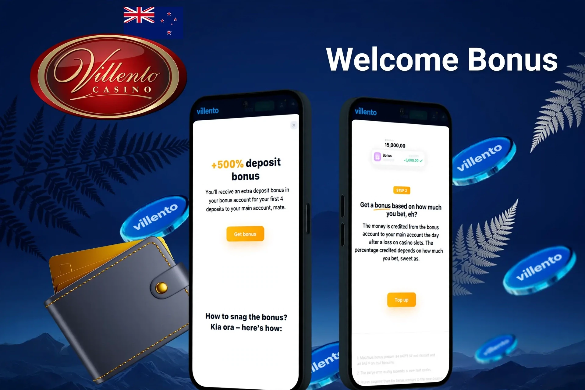 Villento Casino welcome bonus screen with welcome offer for multiple deposits, displayed on two mobile screens