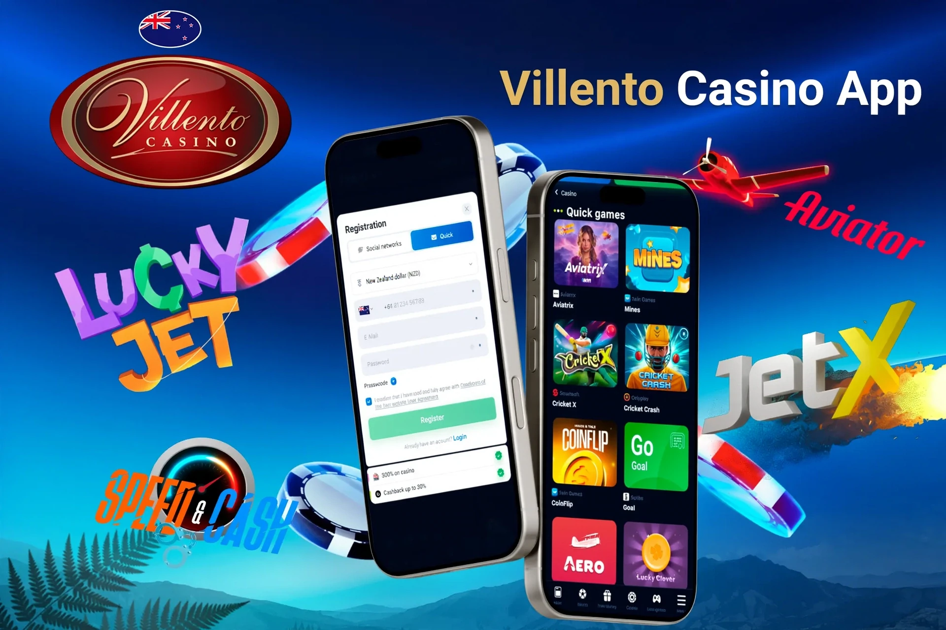 Villento Casino app registration screen with quick games like Aviatrix and JetX