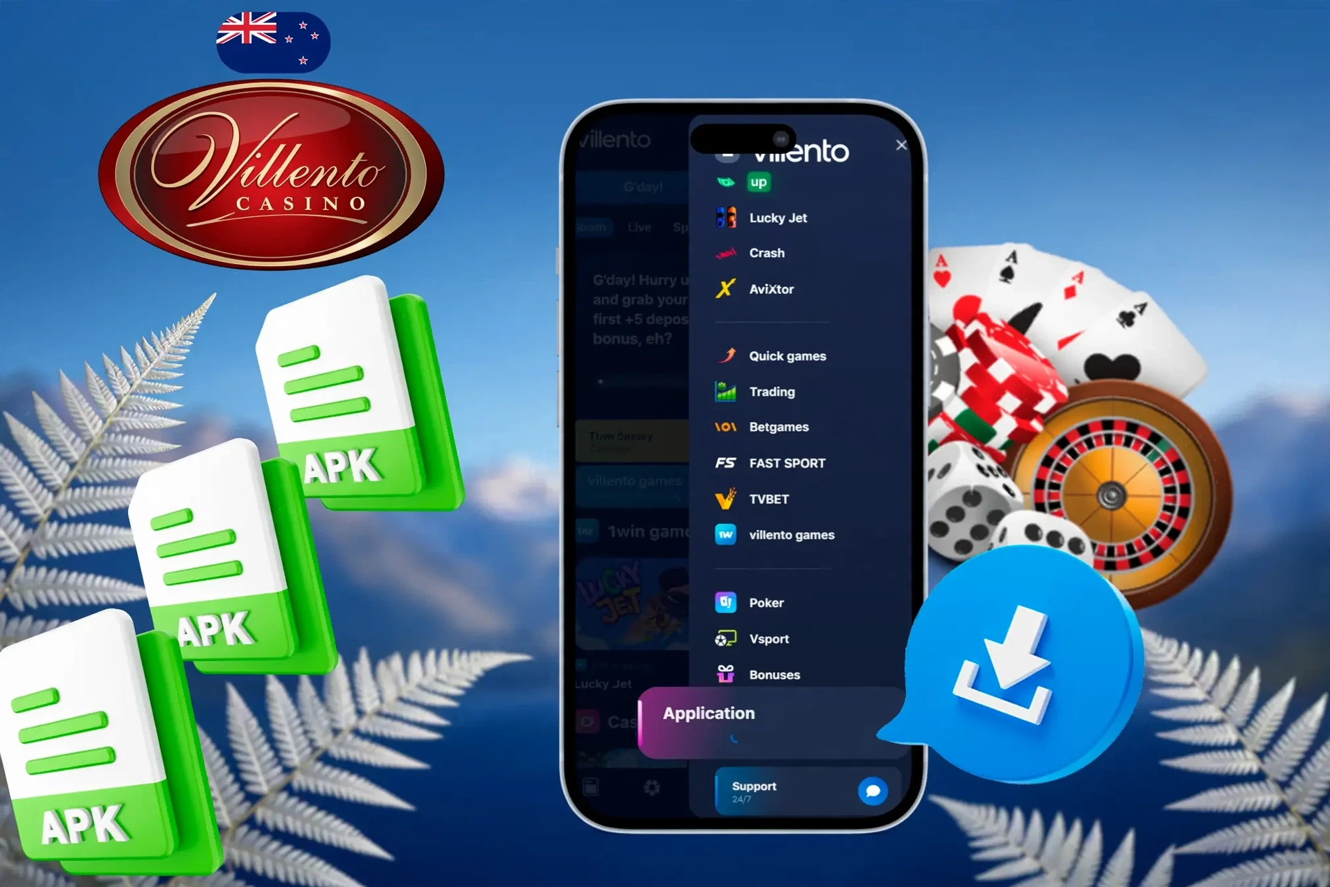 Villento Casino mobile screen with browser icons and casino chips illustrating mobile access to Villento games