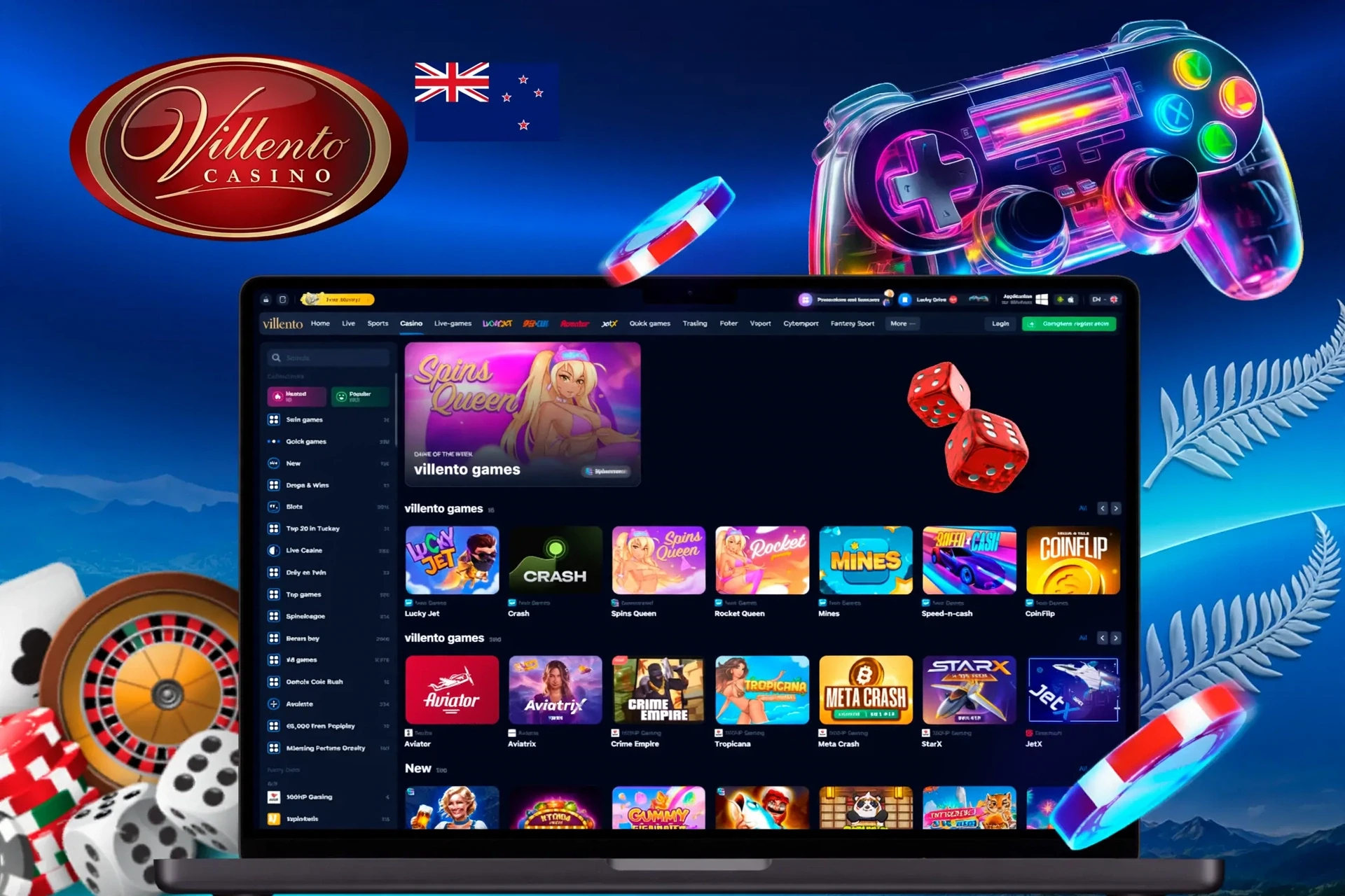 app interface showing a variety of games like Spins Queen, Crash, and Rocket Queen with a vibrant game controller icon