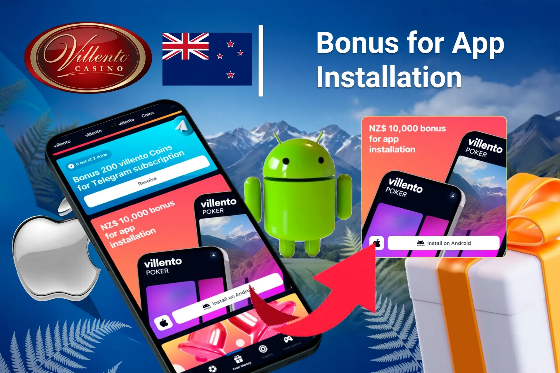 Villento Casino bonus offer for app installation on mobile with Android and Apple logos, and gift boxes