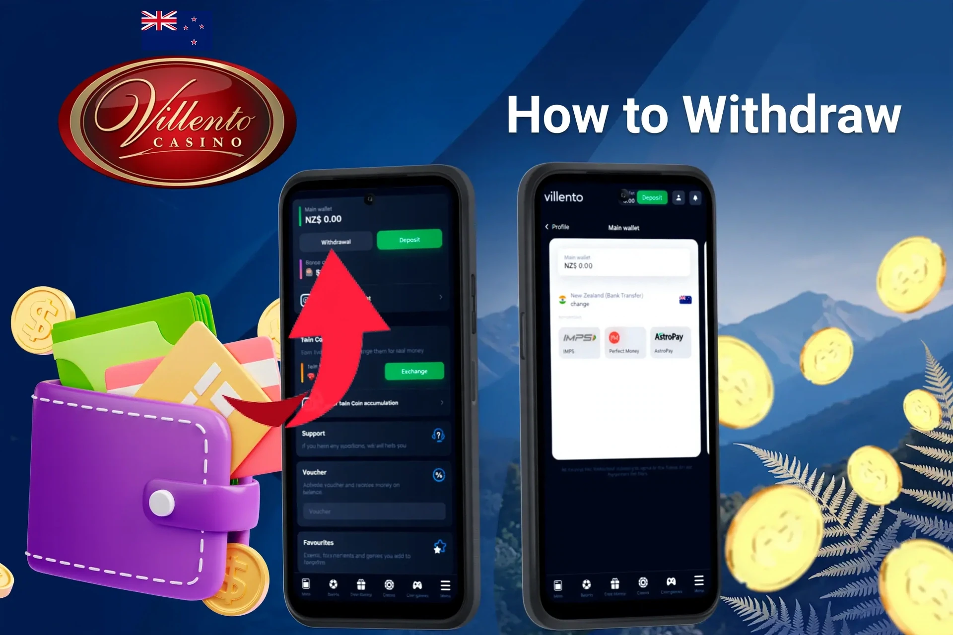 mobile interface showing Villento Casino withdrawal process with an arrow pointing to withdrawal options and available wallet balance