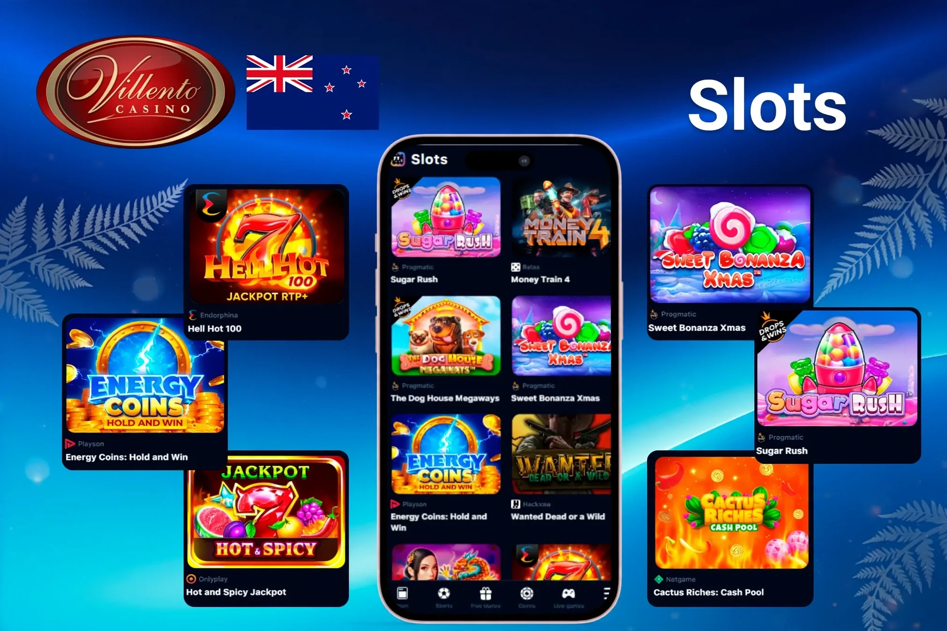 Slot games showcasing popular titles such as Sugar Rush, Energy Coins, and Hell Hot 100 on mobile and desktop