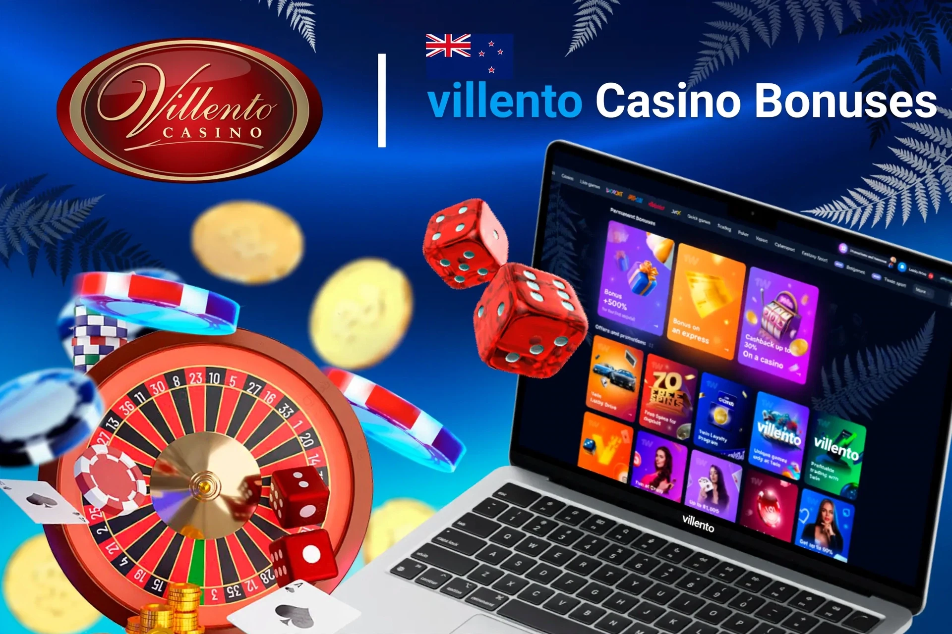 Laptop screen showing various Villento Casino bonuses with roulette, dice, and poker chips
