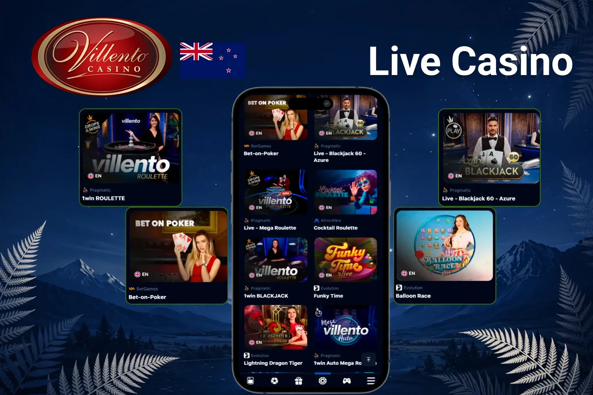 Live casino and table game interfaces displayed on mobile and desktop