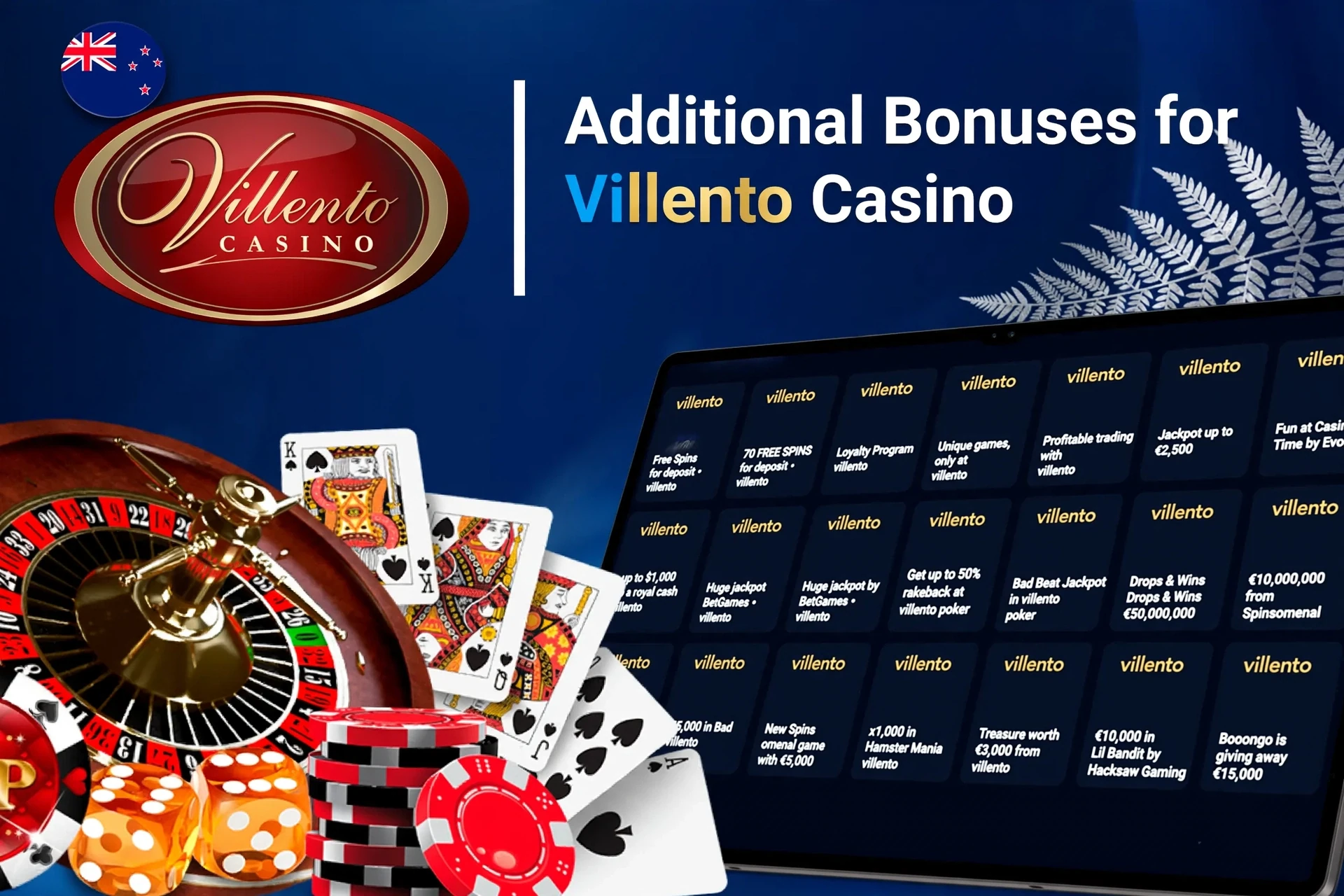 Mobile app showing casino game offers like loyalty program and free spins with poker chips and cards