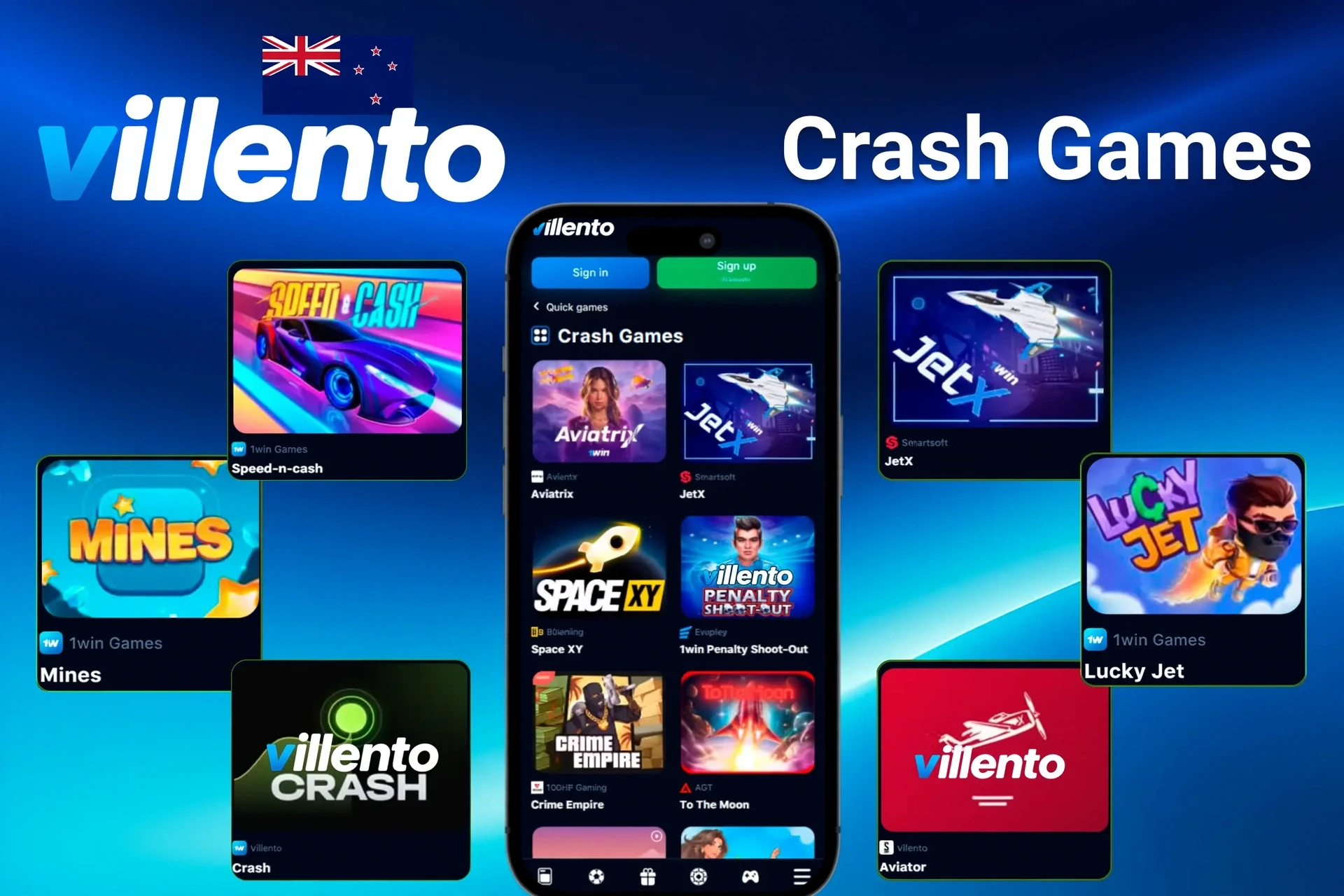 Crash-style games like Mines, Speed-n-cash, JetX, and Lucky Jet shown on a mobile app